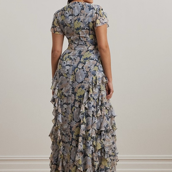 RALPH LAUREN 2025 Blue Floral Ruffle-trim Georgette Gown 16W - Picture 5 of 6